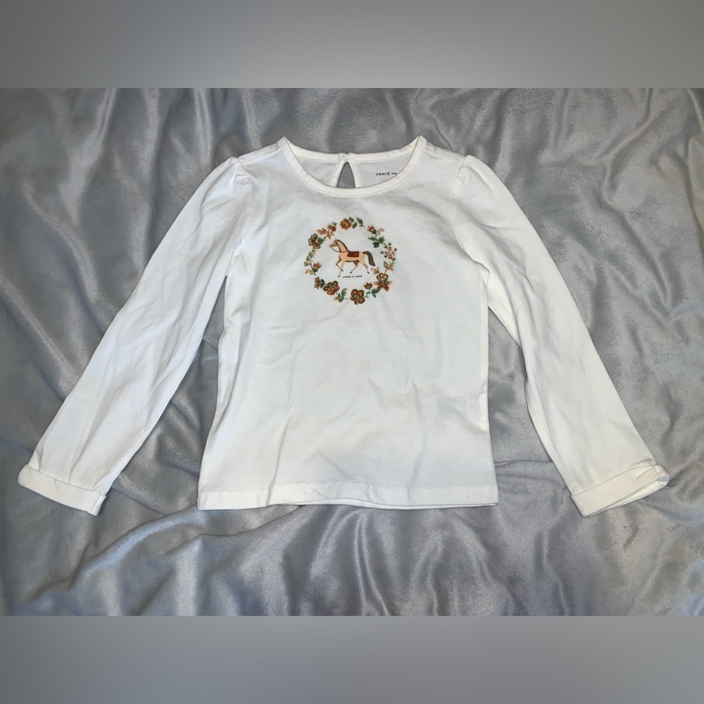 Janie and Jack White girls Long Sleeve Shirt horseness with flower circle size 4